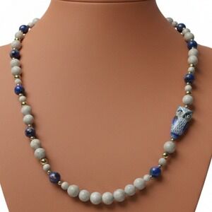 Vintage Cloisonné Owl Necklace Natural Matte Stone & Enamel Beads